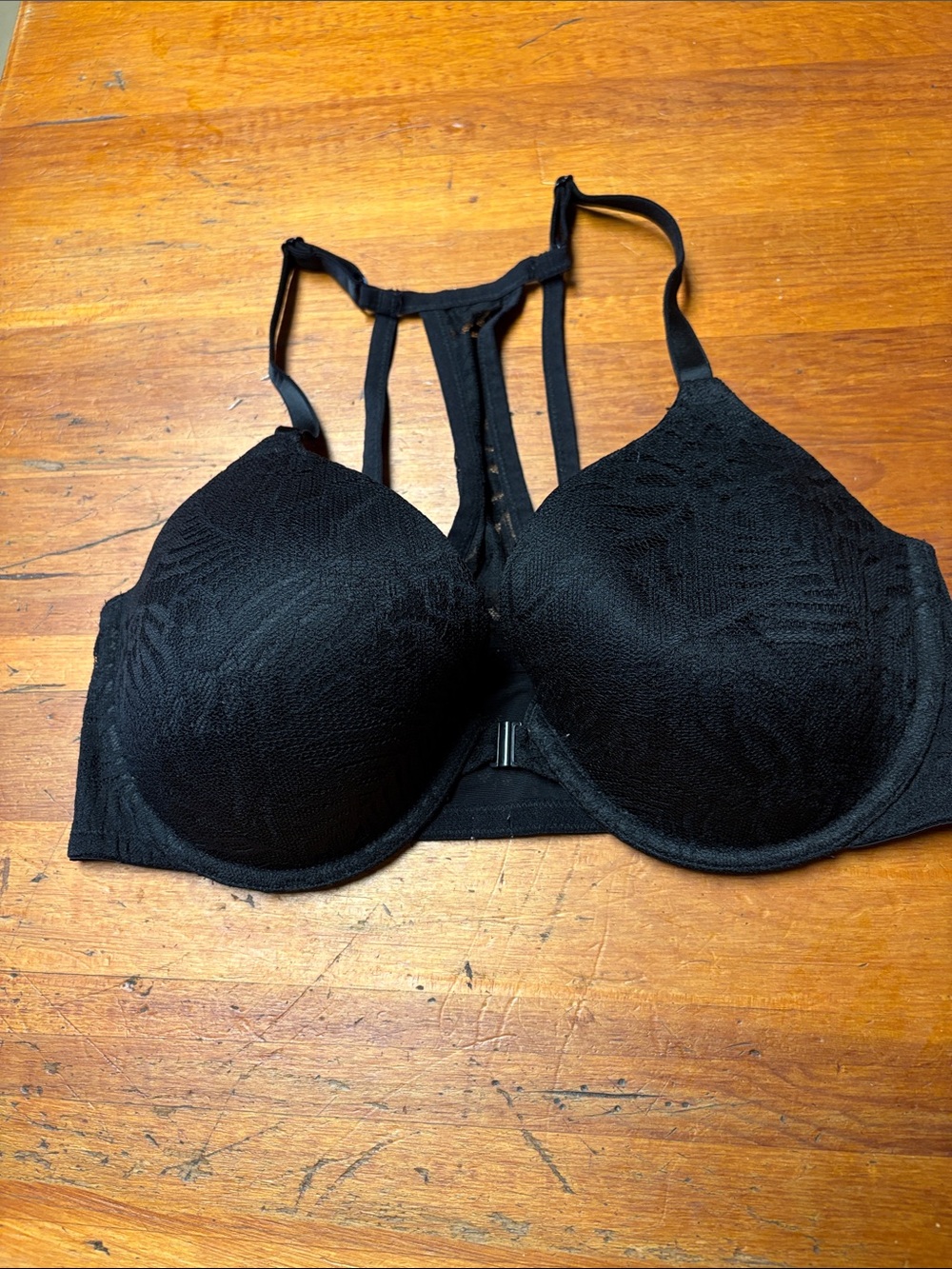 PINK Victoria's Secret Black Lacy Strappy Front-Closure Push-Up Bra